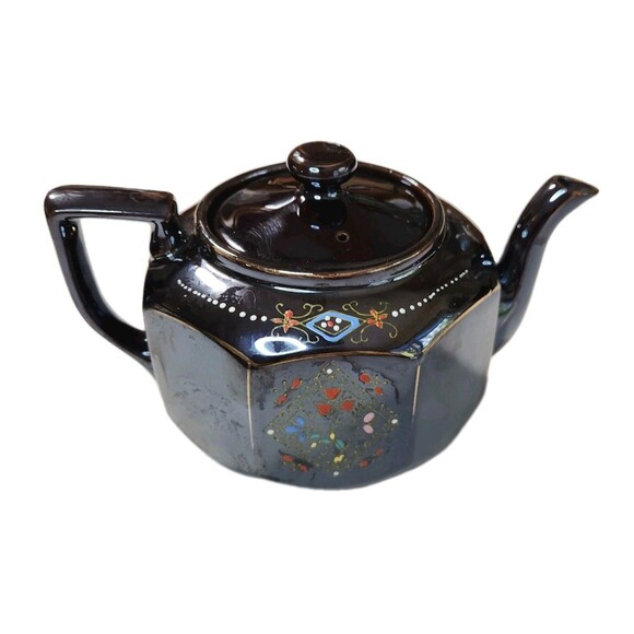 Vintage Japanese Teapot Brown Glazed Gold Trim Hand Painted 8 Sided Ceramic - Picture 4 of 16